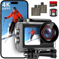 4K60FPS 30MP Action Camera with Front LCD and Touch Rear Screens, Underwater Camera with 64GB Memory Card, 132FT Waterproof Camera, EIS, 5X Zoom, WiFi Remote Control（Black）