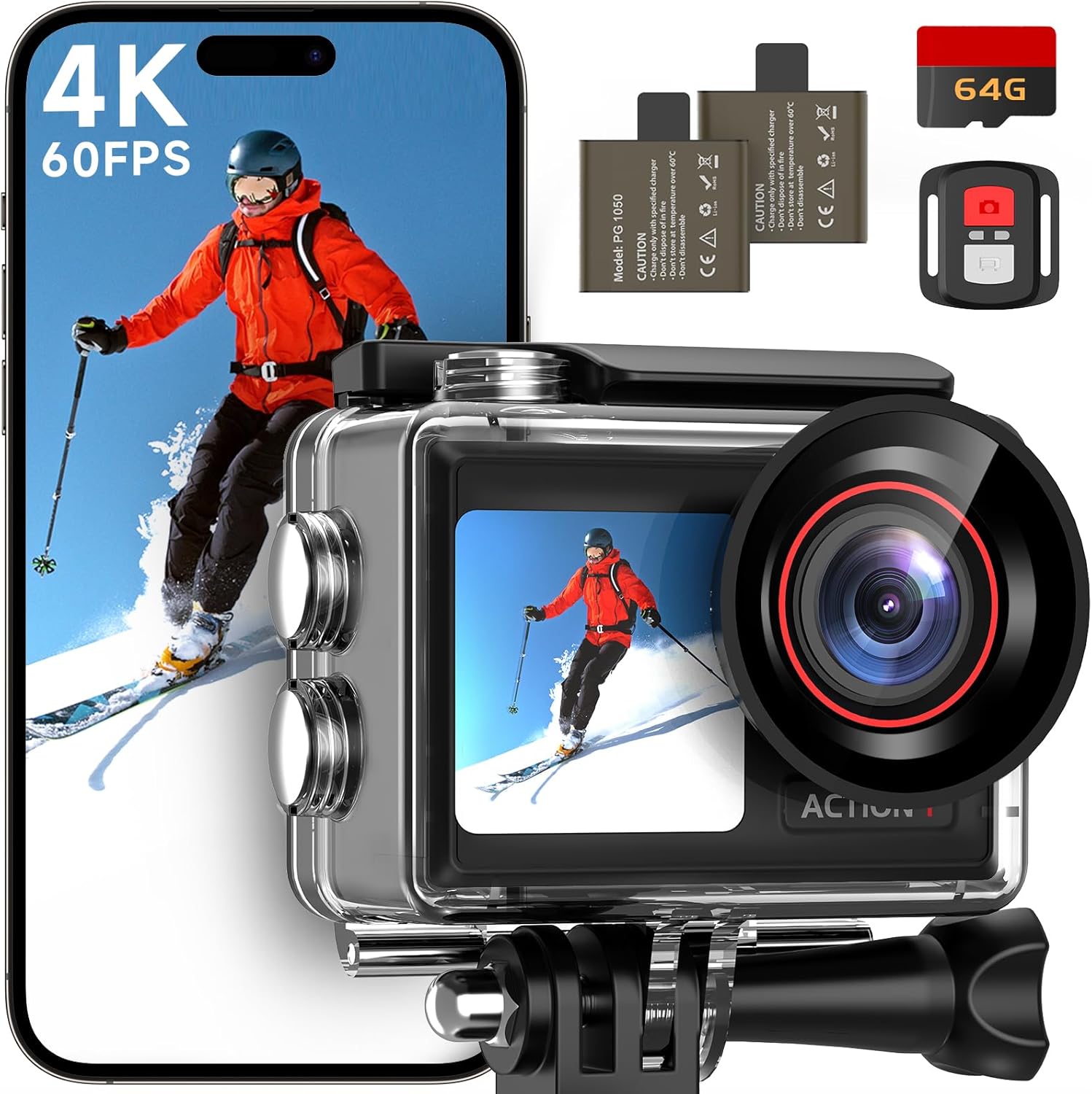 4K60FPS 30MP Action Camera with Front LCD and Touch Rear Screens, Underwater Camera with 64GB Memory Card, 132FT Waterproof Camera, EIS, 5X Zoom, WiFi Remote Control(Black)